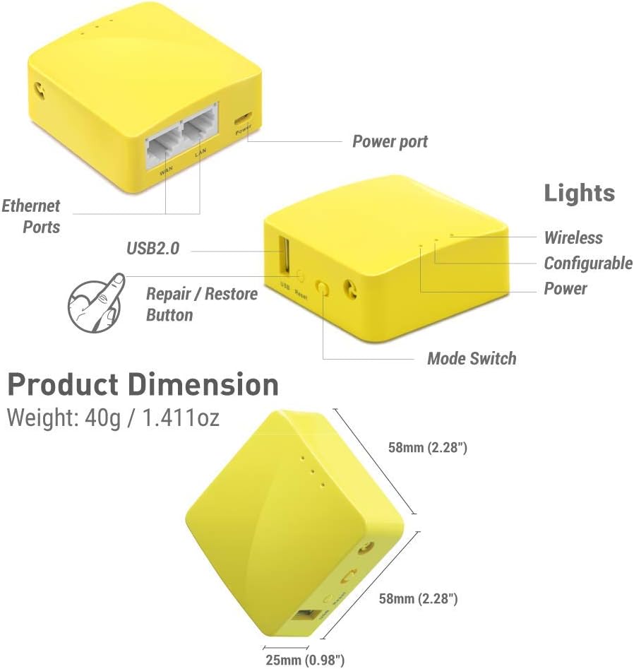 Router Mini | GL-MT300N-V2 VPN Travel Router portátil (Max. 300Mbps Wi-Fi Speed)